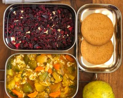 Lunch Box Recipes: Sambar Rice, Beetroot Poriyal, Curd & Fruits