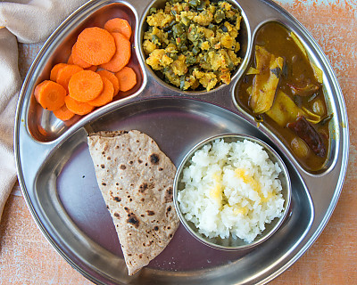 Portion Control Meal Plate: Phulka, Rice, Carrot Salad, Beans Paruppu Usili, Applam Vatha Kuzhambu