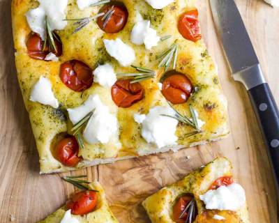 Focaccia Bread Recipe With Cherry Tomatoes, Basil Pesto And Goat Cheese 