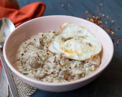 Rosemary Mushroom Oatmeal With Fried Eggs 