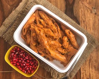 Kids Lunch Box Recipes- Achari Chicken Masala Pasta And Fruits
