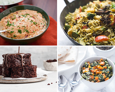 Weekly Meal Plan - Peppery Mushroom Biryani, Chocolate Brownie, Roasted Red Pepper Hummus, and More